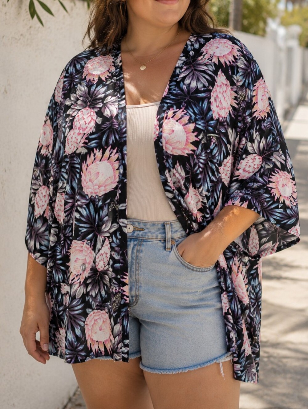 Black Floral Kimono Cardigan Peach Blue Tropical Print Open Front Boho Layering